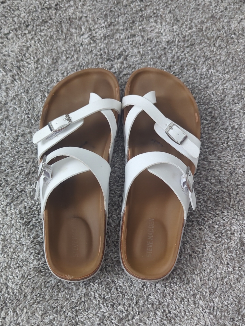 Steve Madden White and Tan Strappy Slide Sandals
